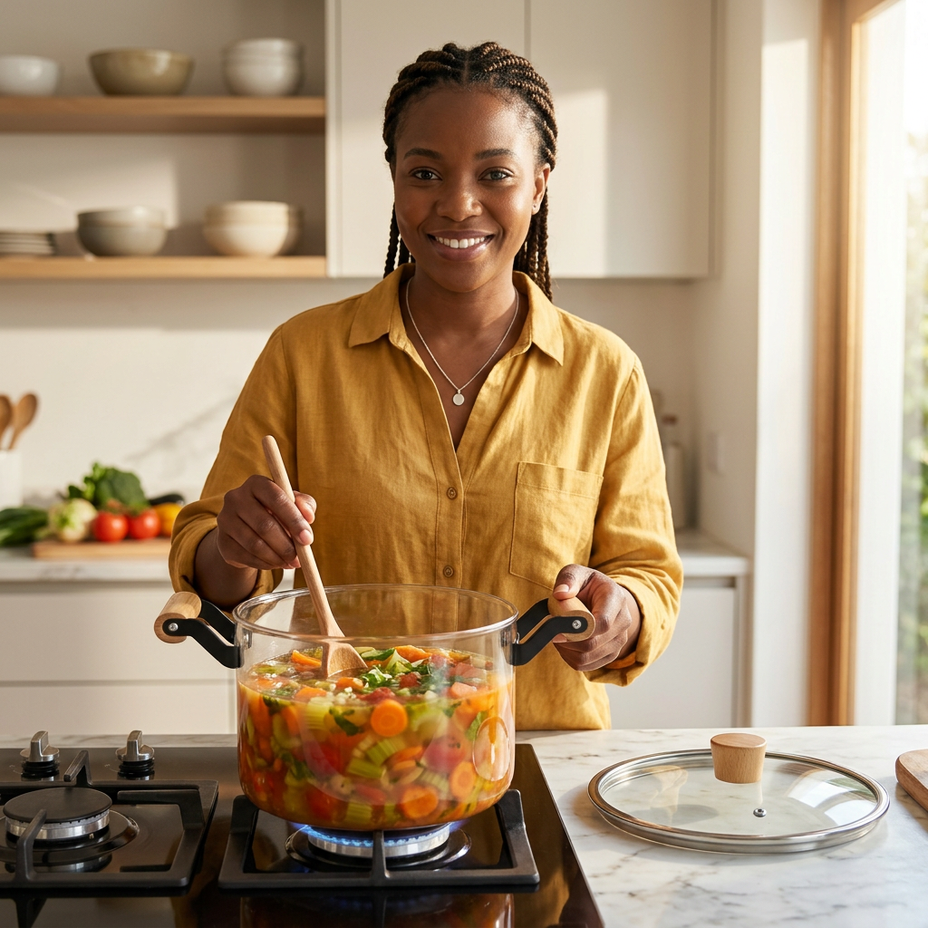 Your glass pot in use with a 25-year-old Black mum preparing soup in a bright kitchen